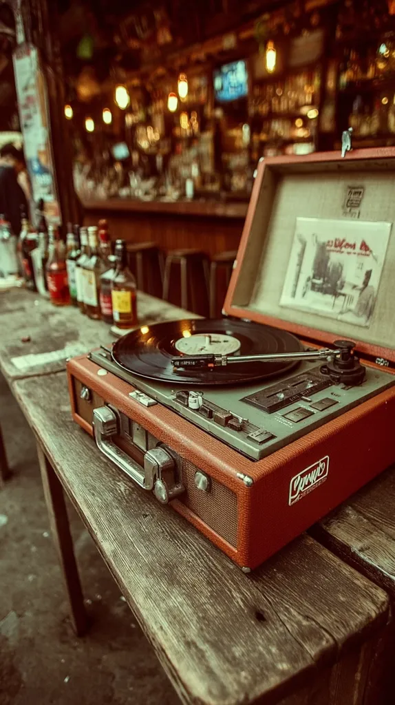 A vintage portable record player sits on a rustic wooden table in a dimly lit bar.  The record player is open, revealing a spinning vinyl record.  Bottles of liquor line the bar in the background, creating a nostalgic and atmospheric scene.  The warm lighting and aged textures evoke a sense of classic style and relaxed ambiance.