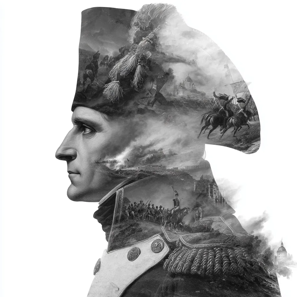 A monochrome profile portrait of Napoleon Bonaparte is overlaid with images depicting scenes of his military campaigns.  The bicorne hat frames the face, while the inner silhouette reveals dynamic battle scenes, cavalry charges, and fortifications, showcasing the intensity and scale of his Napoleonic Wars.  The blend creates a powerful visual representation of the man and his era.