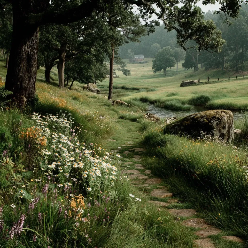 A stone path winds through a lush meadow, bordered by wildflowers and tall grasses.  Large trees shade the path, leading the eye to a distant farmhouse nestled in a tranquil valley.  A small stream meanders through the meadow, adding to the serene and picturesque landscape.  The scene evokes a sense of peace and natural beauty.