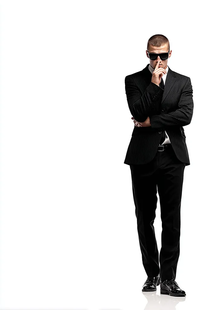 A man in a black pinstripe suit and sunglasses stands against a white background.  He has his arms crossed and his finger to his lips, suggesting secrecy or discretion.  His posture is serious and composed, conveying a sense of professionalism and possibly authority. The image is clean and minimalist, focusing attention on the subject.