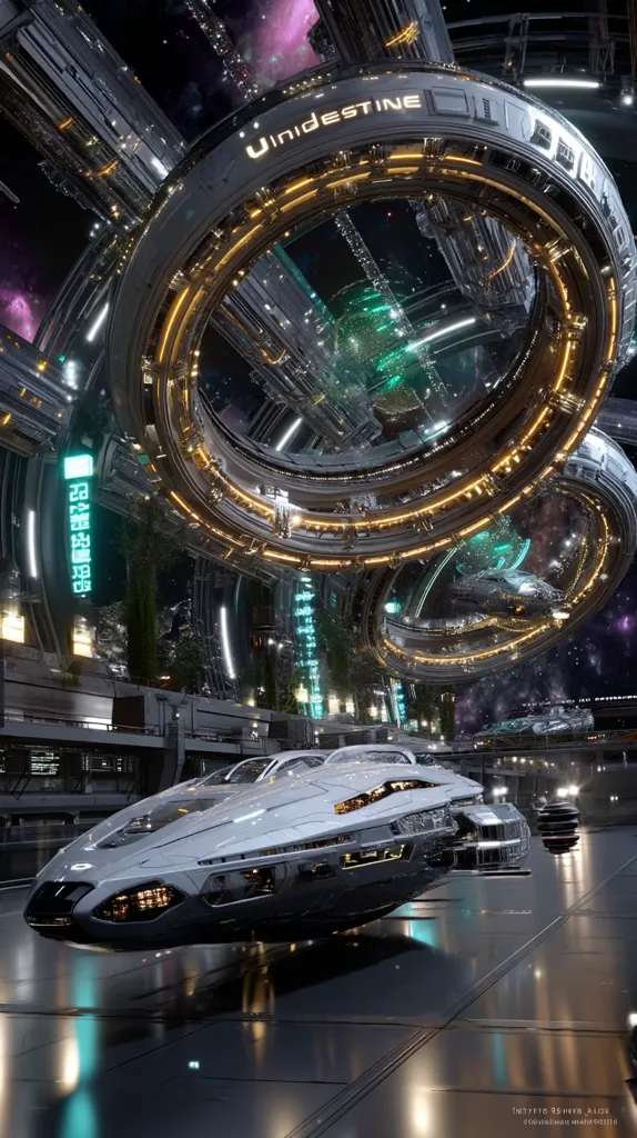 A futuristic cityscape unfolds beneath a colossal, ring-shaped space station labeled "Unidestine."  Sleek, silver vehicles, resembling futuristic cars or hovercrafts, are parked on a reflective surface.  The station's interior is visible, showcasing intricate architecture and vibrant teal accents against a backdrop of stars.  The scene is a blend of technological advancement and cosmic wonder, suggesting a thriving space colony or port.