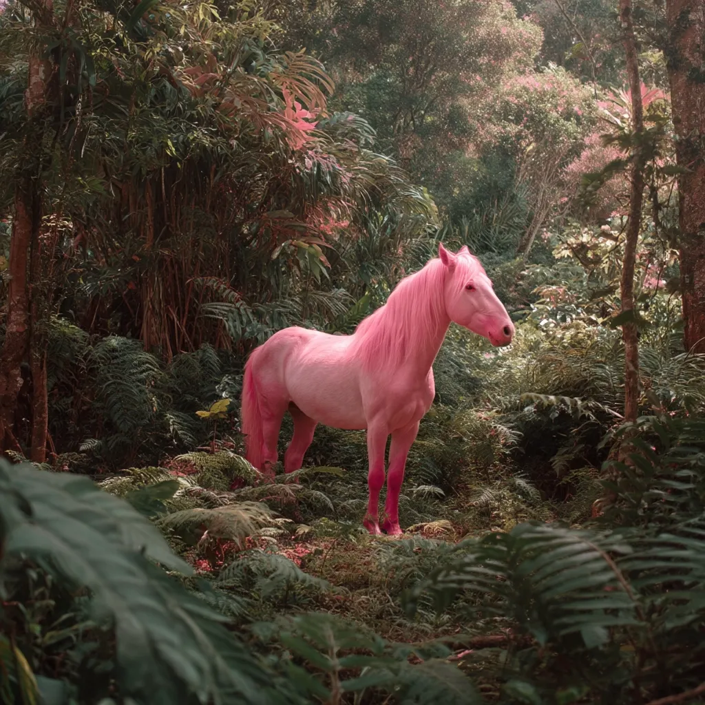 A vibrant pink horse stands serenely in a lush, green forest.  Surrounded by dense foliage and ferns, the horse's soft, pink coat contrasts beautifully with the natural surroundings. The scene evokes a sense of fantasy and wonder, like a magical creature hidden in an enchanted wood.  Sunlight filters through the trees, illuminating the horse and the forest floor.