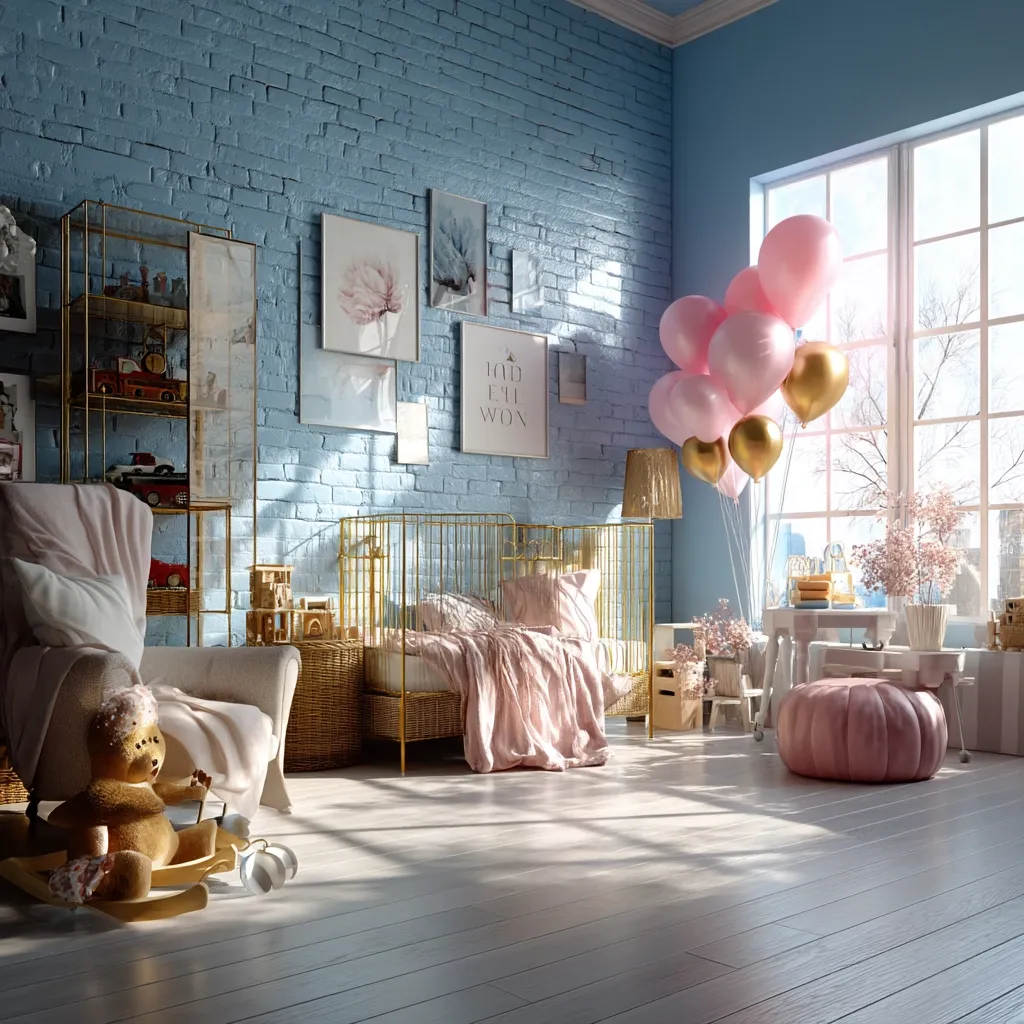 A sunlit girl's bedroom features a pale blue brick wall, a gold metal crib with pink bedding, a plush armchair, and a gold shelving unit.  Pink and gold balloons add a festive touch near a window overlooking a cityscape.  The room is decorated with framed artwork and a plush pink ottoman sits on the light wood floor. A teddy bear on a rocking horse adds a playful element to the scene.