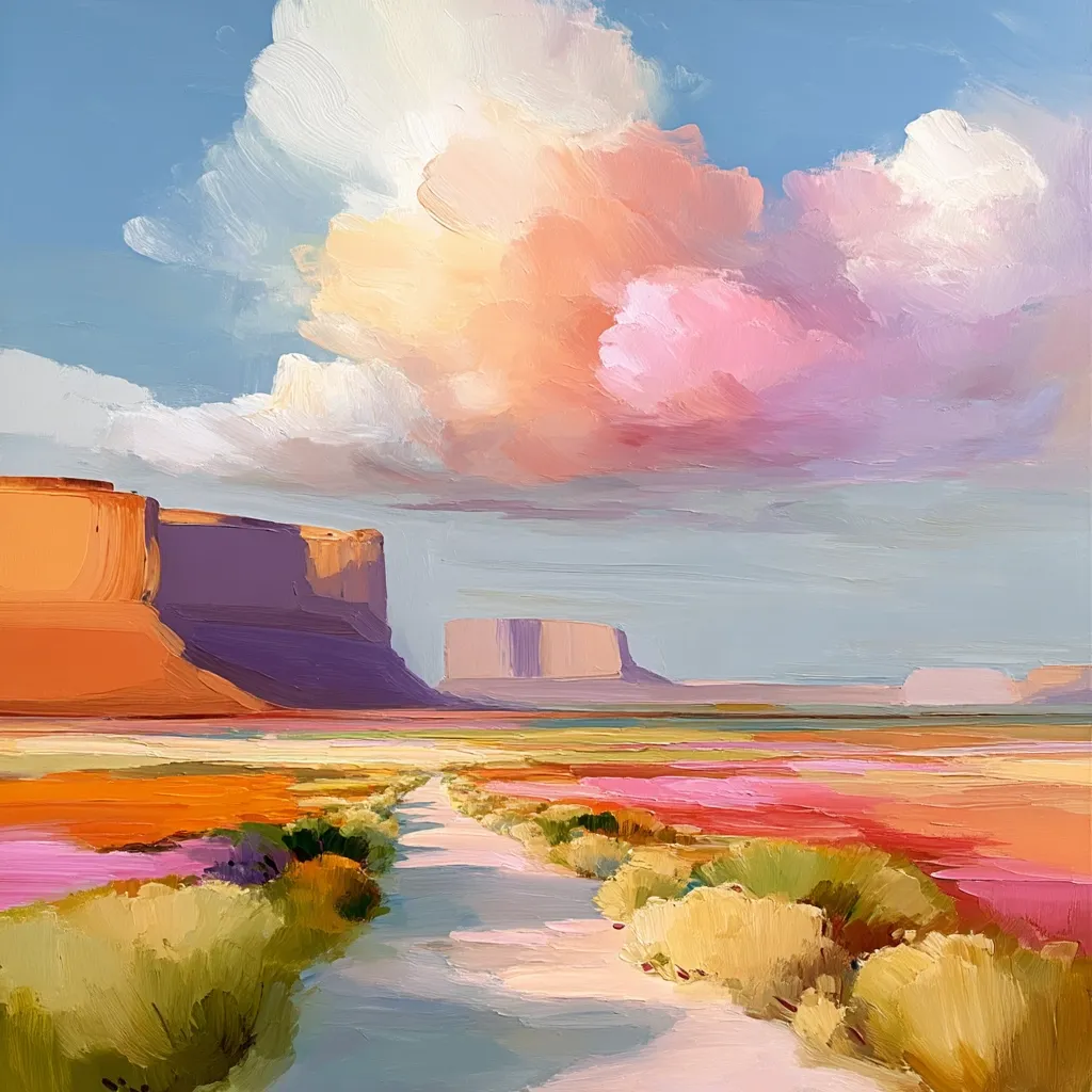 A desert landscape unfolds, showcasing a pale dirt road leading towards imposing orange and purple mesas under a vibrant, pastel-hued sky.  A large, fluffy cloud dominates the upper portion of the painting, casting soft shadows on the land.  The foreground features colorful wildflowers lining the path, adding a touch of vibrancy to the otherwise arid scene. The overall style is impressionistic, with visible brushstrokes contributing to the painting's texture and dreamy atmosphere.