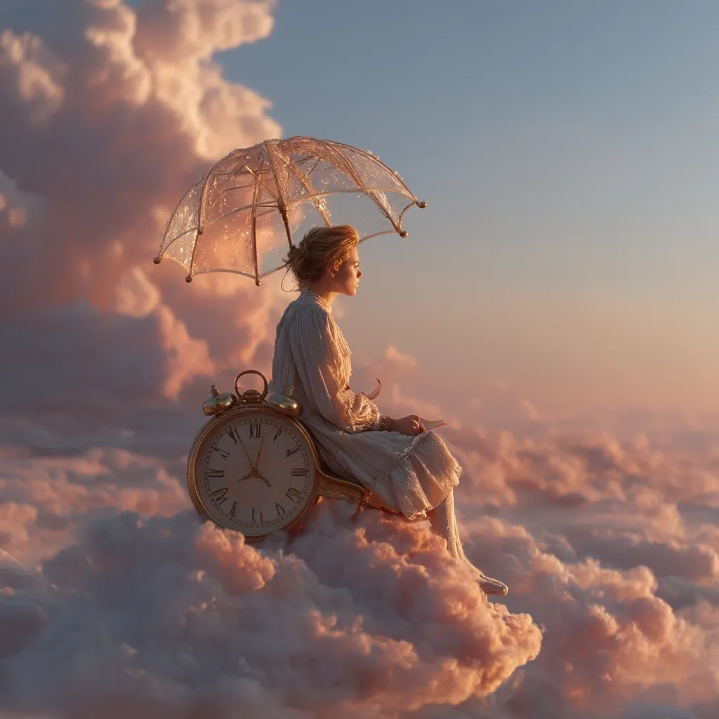 A young woman in a flowing white dress sits serenely atop a large antique clock nestled in a cloud.  She holds a book and is sheltered by a delicate, transparent umbrella. The scene is dreamlike, bathed in the soft light of a sunset, evoking a sense of tranquility and timelessness above a sea of clouds.