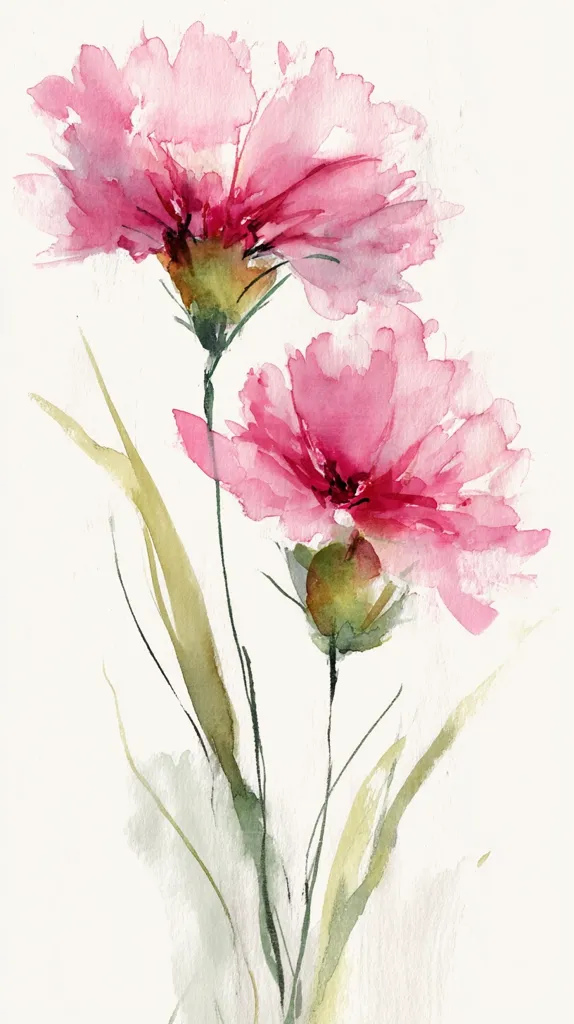 A watercolor painting depicts two delicate pink flowers, possibly carnations or peonies, on slender stems.  The blossoms are rendered with soft, translucent washes of pink, creating a dreamy effect.  Subtle green strokes suggest leaves and stems, adding to the overall ethereal and minimalist aesthetic of the artwork.  The background is a clean, bright white, allowing the flowers to stand out prominently.