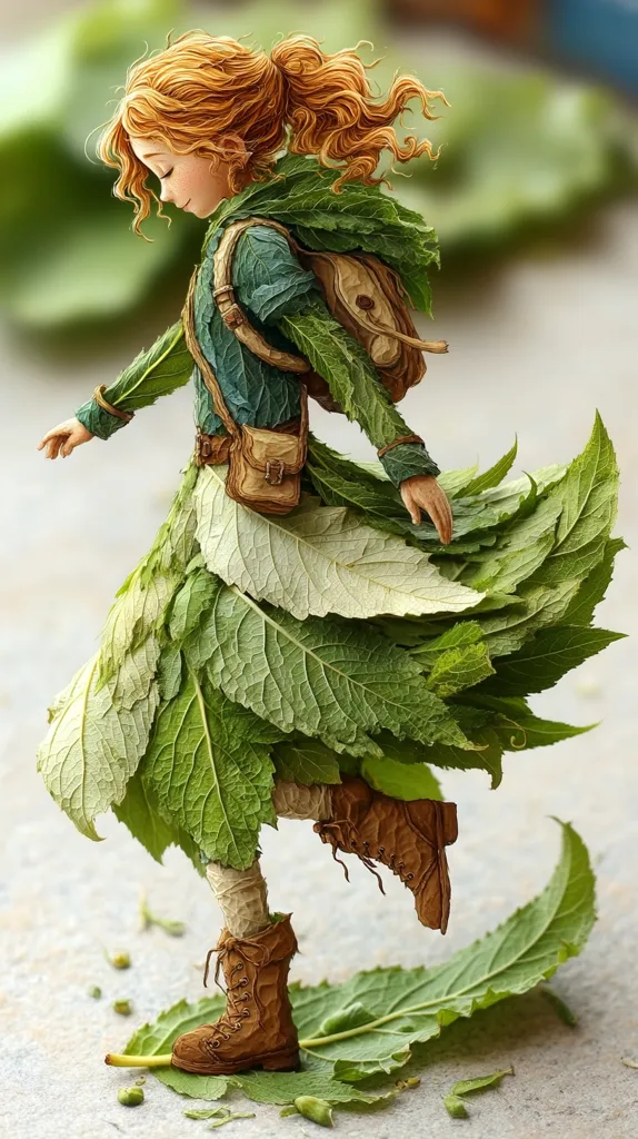 A whimsical illustration depicts a girl, seemingly crafted from leaves and wearing a leafy dress and boots.  Her auburn hair is pulled back, and she carries a small backpack fashioned from leaves. She strides forward, her movement light and airy, with leaves scattered around her feet. The overall style is fantastical and nature-inspired, creating a charming and surreal image.
