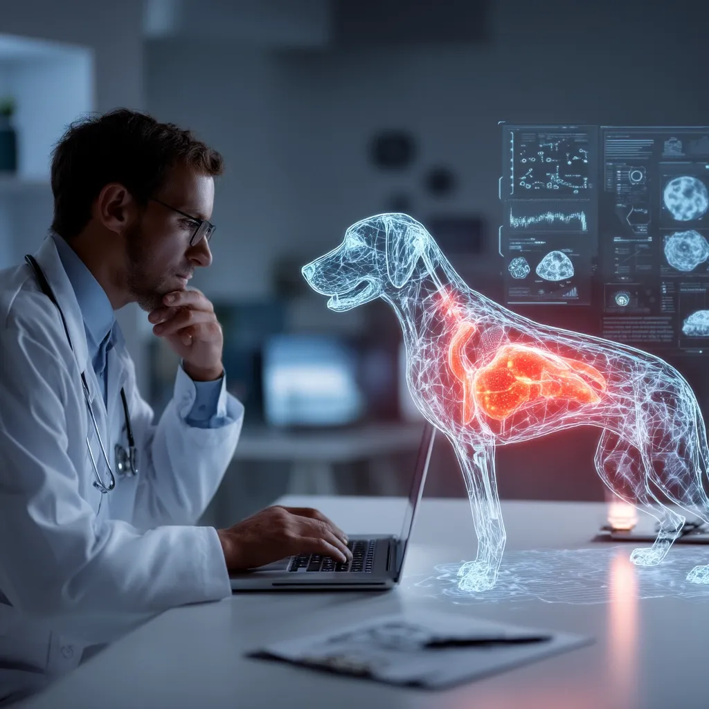 A veterinarian in a white coat sits at a desk, thoughtfully reviewing data on a laptop.  A holographic projection of a dog overlays the desk, its internal organs highlighted, showcasing advanced veterinary technology.  Diagnostic scans are visible on a nearby monitor, suggesting a detailed medical assessment. The scene depicts innovative approaches to animal healthcare.