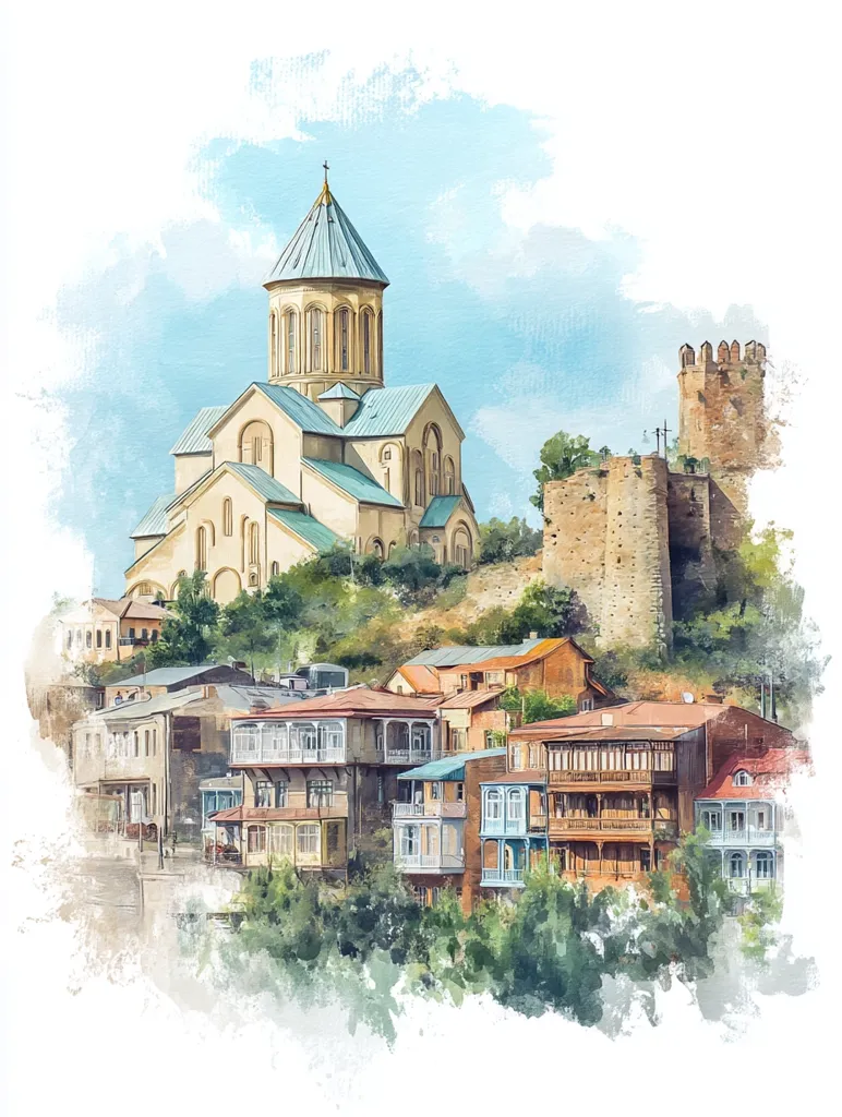 A watercolor painting depicts a picturesque cityscape, possibly Tbilisi, Georgia.  A prominent teal-roofed church stands atop a hill, overlooking traditional, multi-story houses with wooden balconies.  Ancient stone walls and towers add a historical element to the scene, all rendered in soft, impressionistic brushstrokes against a light blue sky. The overall effect is charming and evocative of a historical European city.
