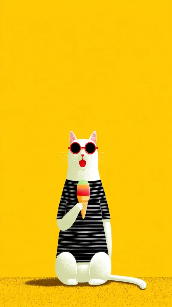 A white cat, wearing red sunglasses and a black and white striped shirt, sits on a yellow background.  The cat holds an ice cream cone with layered scoops of pink, green, and white.  The overall style is minimalist and playful, suggesting a summery theme. The cat's expression is one of happy enjoyment.
