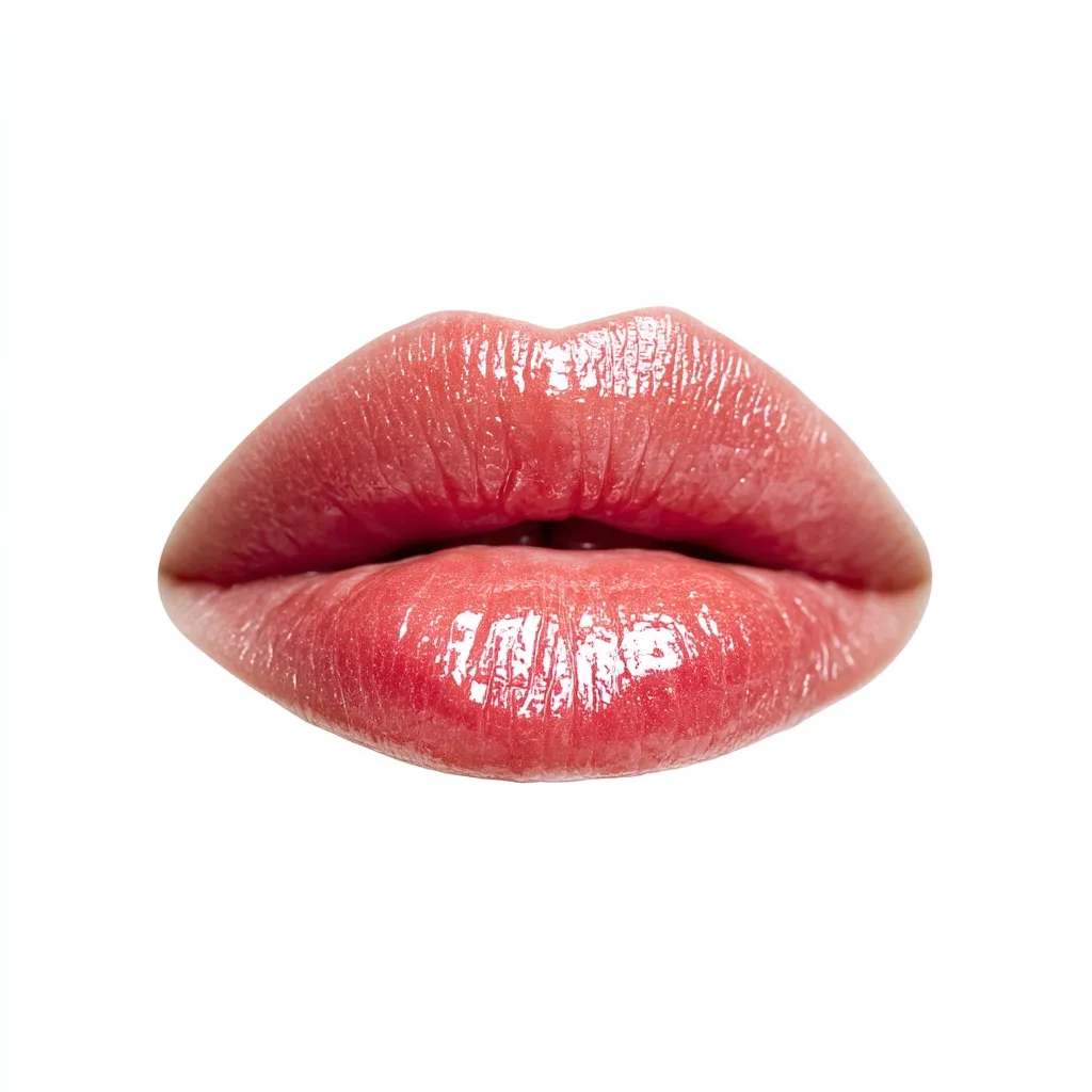 A close-up shot of a woman's lips, showcasing a glossy, coral-pink lipstick. The lips are full and slightly parted, highlighting the shine and texture of the lip gloss. The image is clean and well-lit, with a stark white background that draws attention to the vibrant color and smooth surface of the lips.