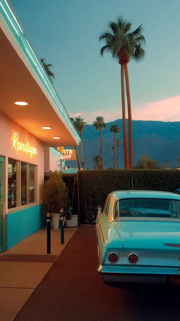 A vintage teal car is parked outside a retro diner bathed in warm neon light.  Palm trees frame the scene against a backdrop of mountains at sunset. The diner's teal facade and orange glow create a nostalgic, Californian vibe.  The image evokes a sense of calm and timeless Americana.
