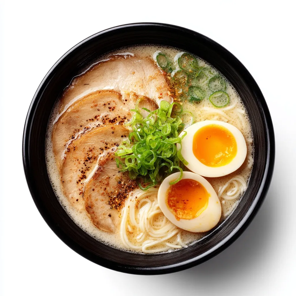 A bowl of ramen features a creamy broth, tender slices of chashu pork, soft-boiled eggs with vibrant yolks, and a garnish of finely chopped scallions.  The noodles are visible beneath the pork and eggs, suggesting a rich and flavorful Japanese noodle soup. The dark bowl contrasts beautifully with the light broth and ingredients.