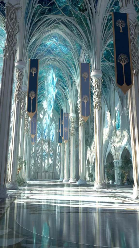 A majestic hall, bathed in ethereal light, features towering, intricately carved white columns and a vaulted ceiling of translucent, teal glass.  Blue banners with golden tree motifs hang from the columns, adding to the enchanting atmosphere.  The polished floor reflects the hall's beauty, creating a mesmerizing spectacle.  The overall impression is one of serene grandeur and otherworldly elegance.
