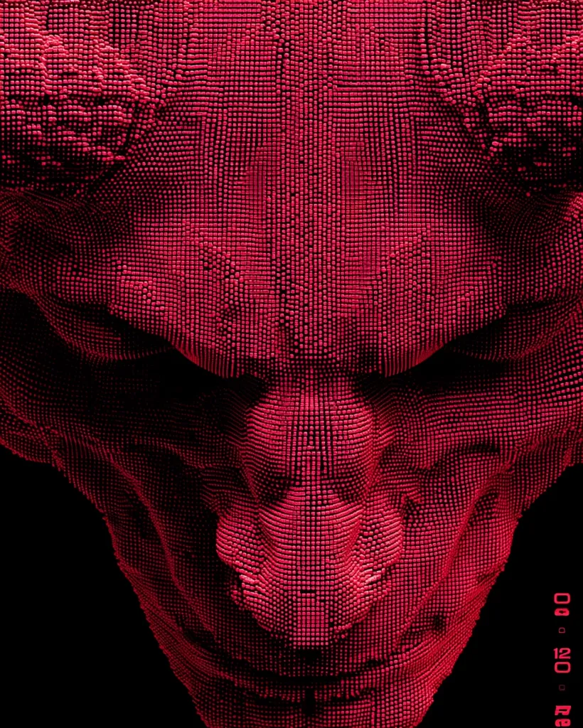 A close-up reveals a demonic face, meticulously crafted from a dense aggregation of tiny, crimson cubes.  The texture is highly detailed, creating a sense of depth and weight. The devil's face is partially obscured, adding to the mysterious and ominous atmosphere. The dark background contrasts sharply with the vibrant red, enhancing the overall dramatic effect.