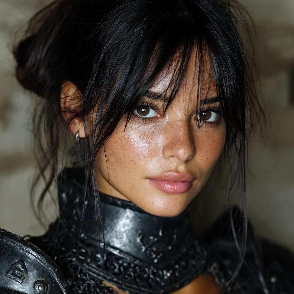 A close-up portrait of a young woman with dark hair styled in a messy bun and side-swept bangs.  She has freckles and a soft, natural makeup look.  She's wearing a dark, ornate, possibly leather, collar reminiscent of medieval armor. Her expression is serious and intense, creating a striking and captivating image.