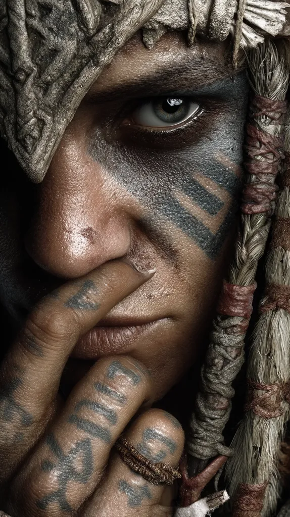 A close-up shot reveals a person's face, adorned with intricate tribal markings and a weathered headdress crafted from wood and bone.  Their expression is pensive, their gaze intense, and a finger rests thoughtfully against their lips.  The image emphasizes texture and detail, showcasing the person's weathered skin and symbolic tattoos. The overall aesthetic is dark and gritty.