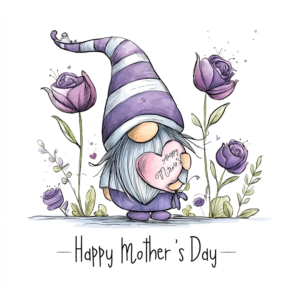 A charming illustration features a purple-hatted gnome holding a heart that reads "Happy Mother's Day."  Surrounding the gnome are delicate purple roses and greenery. The whimsical style and soft colors create a sweet and heartwarming Mother's Day greeting. The phrase "Happy Mother's Day" is written at the bottom, completing the design.