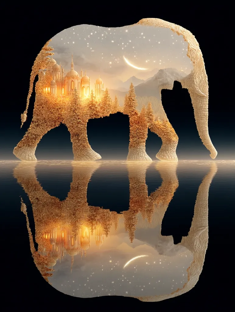 A silhouette of an elephant is filled with a dreamy landscape.  A golden city nestled amongst a forest sits beneath a crescent moon and starry night sky. The elephant stands in calm water, its reflection mirroring the enchanting scene.  The image blends fantasy and nature, creating a surreal and captivating artwork.