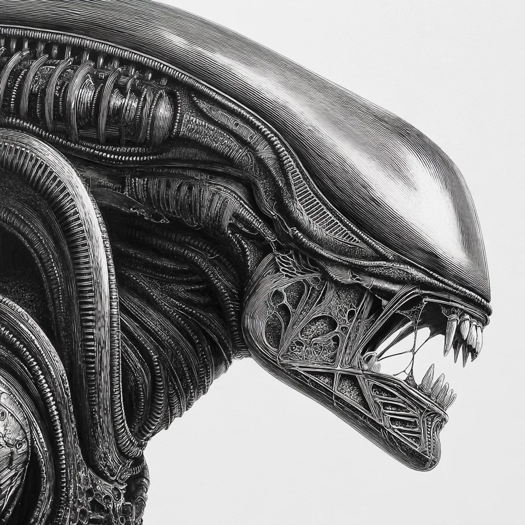 A detailed black and white pen-and-ink drawing depicts a profile view of an Alien Xenomorph from the movie franchise.  The intricate detail showcases the creature's biomechanical features, including its segmented body, mandibles, and sharp teeth.  The style is highly realistic, emphasizing texture and form. The drawing's contrast creates a dramatic and unsettling effect.
