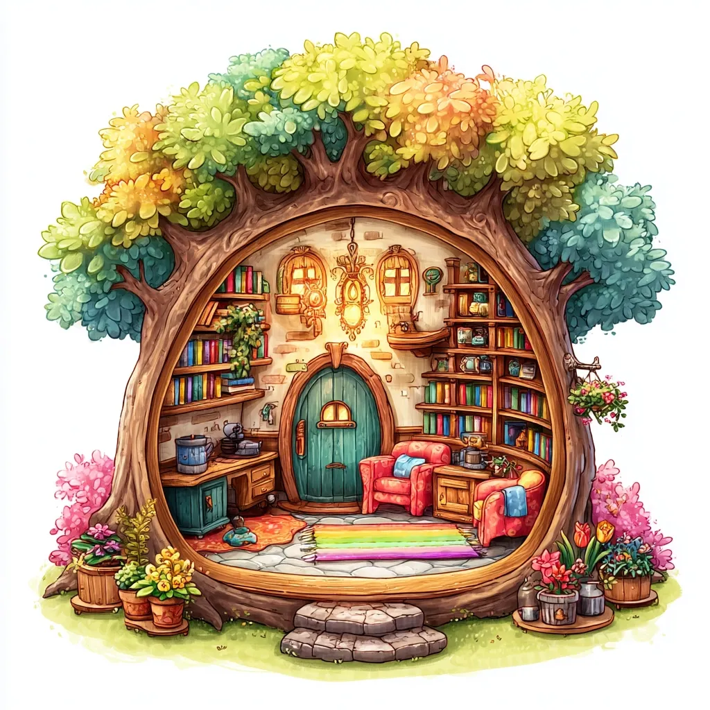 A whimsical illustration depicts a cozy treehouse interior.  The hollowed-out tree trunk reveals a charming room with bookshelves lining the walls, comfortable armchairs, a small desk, and a teal arched door.  Vibrant flowers and plants surround the base, adding to the magical atmosphere.  A rainbow-colored rug adds a touch of fantasy to the scene. The overall style is colorful and enchanting.