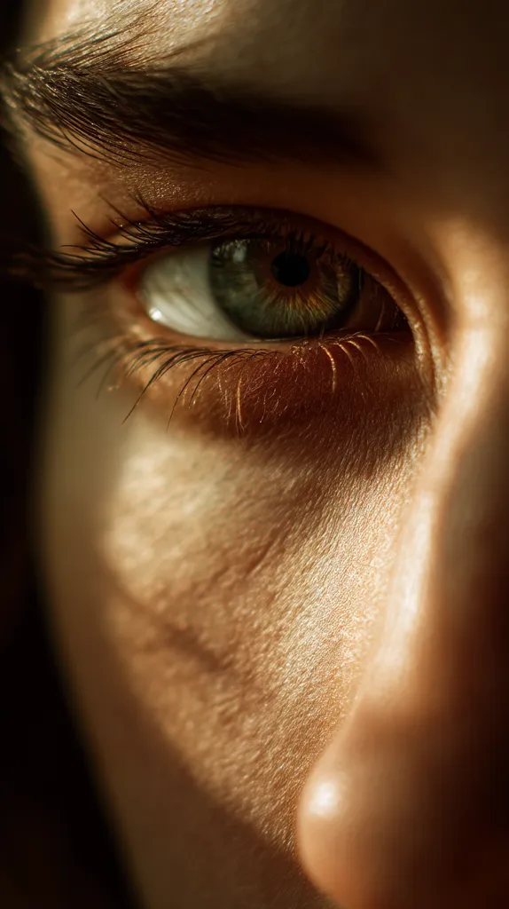 A close-up shot captures a person's eye, showcasing a striking green iris surrounded by long, dark lashes.  The skin's texture is visible, highlighted by soft, warm light. The eyebrow arches naturally above, and a portion of the nose is also in the frame, emphasizing the details of the face. The overall mood is intimate and sensual.