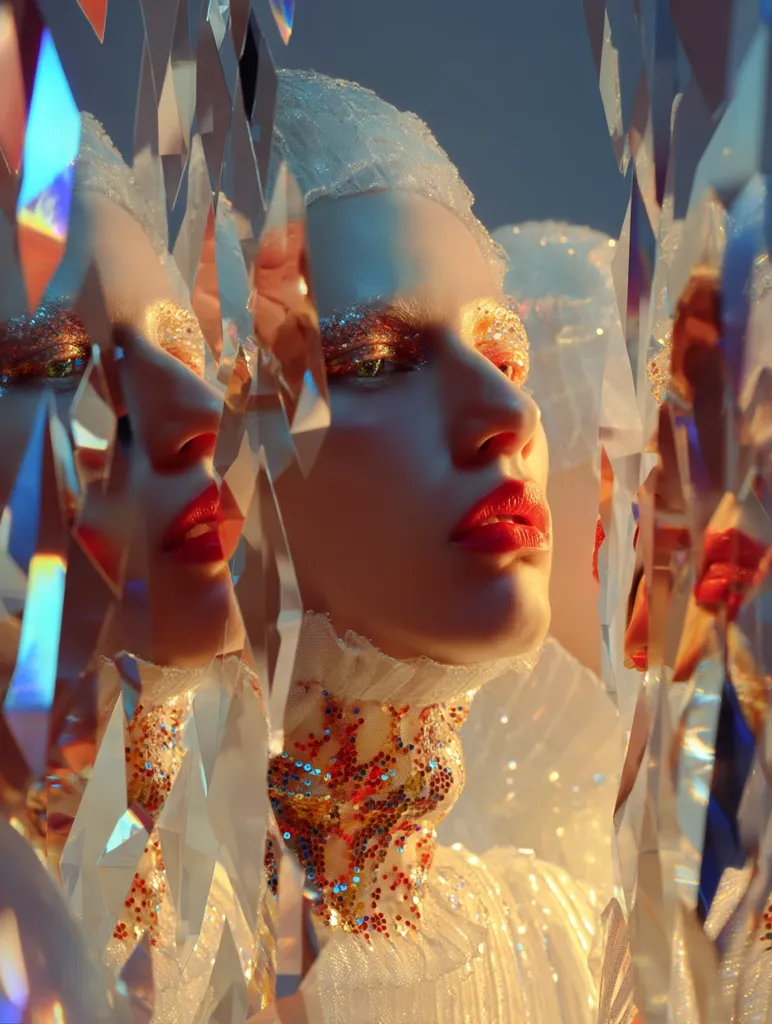 A woman's face, adorned with shimmering makeup and a jeweled high collar, is partially obscured by a curtain of iridescent glass shards.  The effect creates a fragmented, ethereal image, suggesting a frozen or glacial theme.  Her red lips and icy-toned skin contrast with the warm light, creating a visually striking portrait.  Reflective surfaces multiply her image, adding to the dreamlike quality.