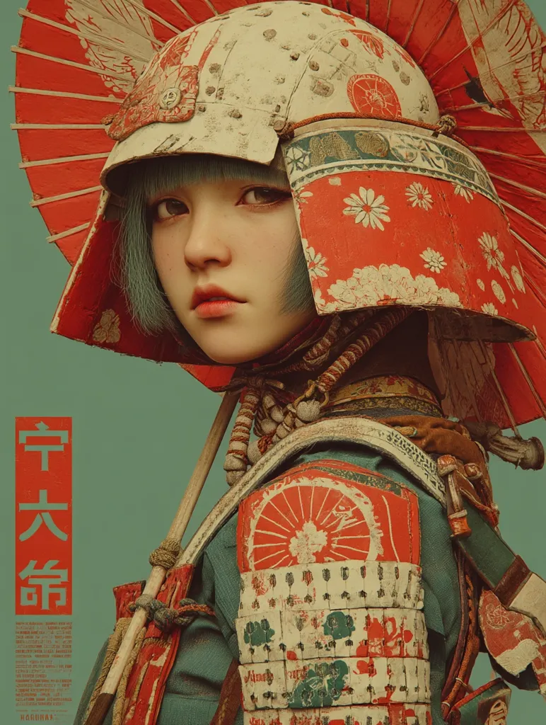 A 3D rendered portrait of a young woman wearing a meticulously detailed, ornate samurai helmet.  The helmet is predominantly red and off-white, adorned with floral patterns and showing signs of age. Her teal hair peeks out from under the helmet.  The background is a muted teal, and a portion of her armor is visible, matching the helmet's aesthetic.  Japanese kanji characters are subtly displayed to the side. The overall style is a blend of traditional Japanese design and a futuristic, slightly weathered texture.
