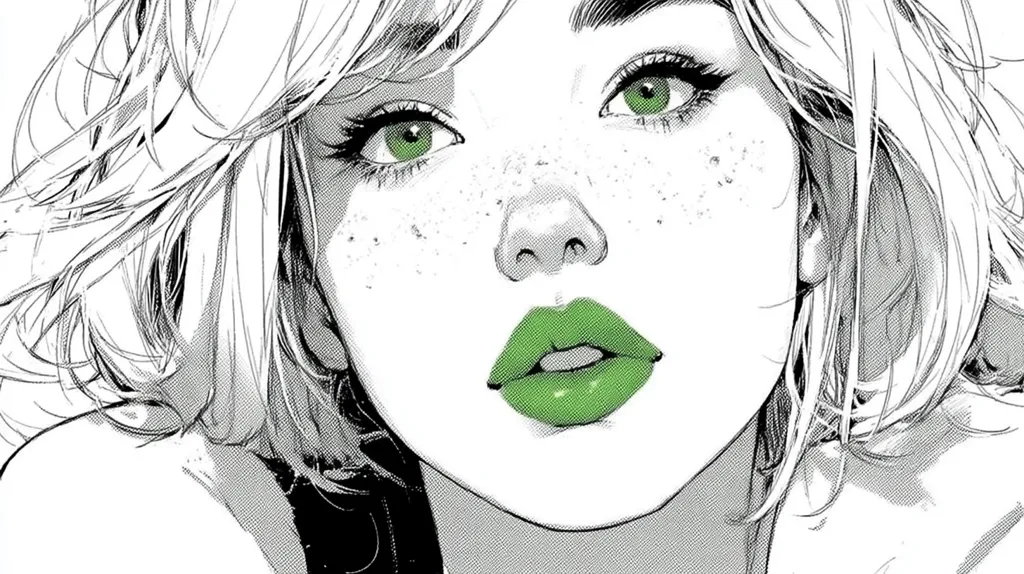 A close-up illustration of a young woman's face.  She has short, light-colored hair, green eyes, and freckles.  Her lips are a striking bright green. The style is reminiscent of manga or graphic novel art, with heavy use of black and white shading and linework. The overall effect is both delicate and bold.