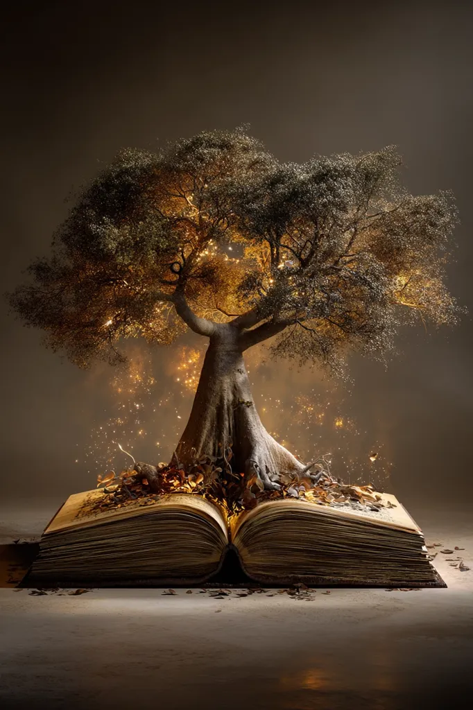 A majestic tree, glowing with ethereal light, emerges from the pages of an ancient, open book.  Golden sparks dance around its roots and leaves scattered on the book's pages. The scene is dark and moody, suggesting a magical or fantastical realm where stories come to life. The overall effect is one of wonder and enchantment.