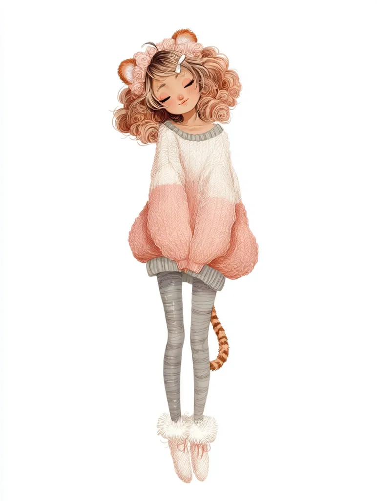 An illustration of a cute girl with curly brown hair wearing a pink and white sweater, grey tights, and furry white booties. She has a small orange tiger tail and a flower crown. Her eyes are closed, and she appears peaceful and serene.  The style is whimsical and charming, with soft colors and delicate details. The background is plain white, focusing attention on the character.