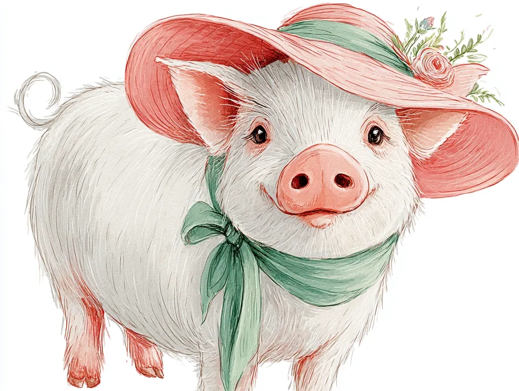 A charming watercolor illustration depicts a piglet wearing a pink sun hat adorned with flowers and a sage green ribbon.  The piglet has a sweet expression and fluffy white fur.  The style is whimsical and delicate, suggesting a children's book illustration or a print for a nursery.  The background is plain white, allowing the piglet to be the focal point.