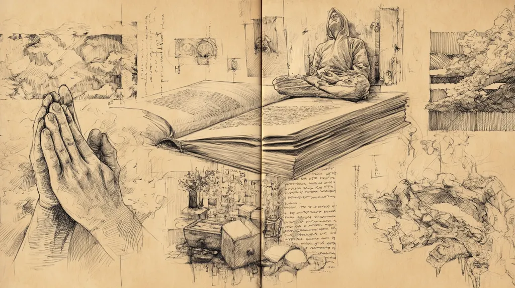 A pen-and-ink sketch showcases a person in a hooded robe meditating atop a large open book, surrounded by smaller sketches.  These include praying hands, landscape details, and architectural fragments, suggesting a journal or sketchbook capturing diverse observations and ideas.  The style is detailed and evocative, creating a sense of contemplative introspection and artistic exploration.  The aged paper background adds to the overall sense of history and reflection.