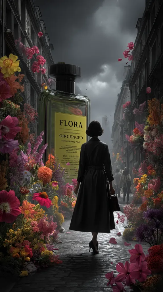 A woman in a black coat walks down a cobblestone street lined with vibrant flowers.  A large bottle of Flora Oirgenged perfume stands prominently in the foreground, dwarfed only by the dramatic, moody sky. The scene is evocative of Parisian elegance and the intoxicating scent of blossoms. The overall atmosphere is one of sophisticated mystery and floral beauty.
