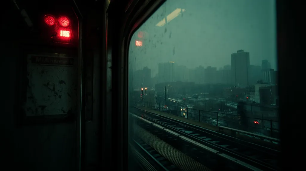 A rain-streaked window on a subway car reveals a moody cityscape.  Dimly lit buildings and a hazy atmosphere are visible beyond the tracks.  The dark, metallic interior of the train contrasts with the muted greens and greys of the urban landscape outside, creating a somber, atmospheric scene. Red lights are visible both inside the train and in the distance.