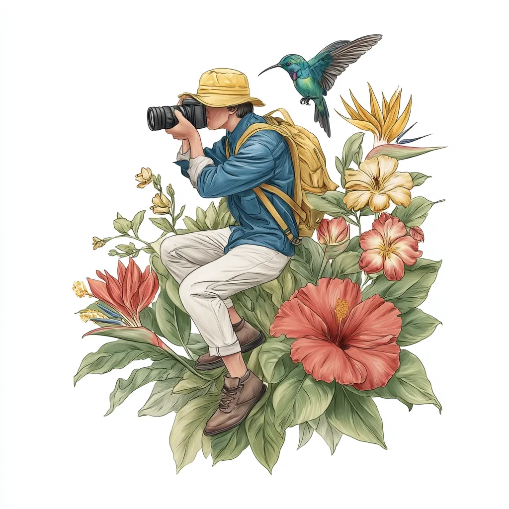 A vibrant illustration depicts a photographer, clad in a blue shirt, beige pants, and a yellow hat, perched amidst a lush arrangement of tropical flowers.  He holds a camera, capturing the scene.  A hummingbird hovers nearby, adding to the lively, exotic atmosphere. The detailed botanical elements, including hibiscus and bird of paradise flowers, create a rich, colorful composition.  The overall style is reminiscent of botanical illustration with a touch of whimsy.