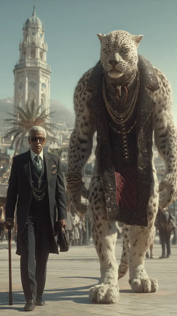 An elderly man in a dark suit and glasses walks with a cane, accompanied by a towering anthropomorphic snow leopard. The leopard, adorned in ornate clothing and jewelry, displays a serious expression.  They stroll through a sun-drenched city square, a grand clock tower forming a backdrop. The scene suggests a fantastical blend of reality and the surreal.