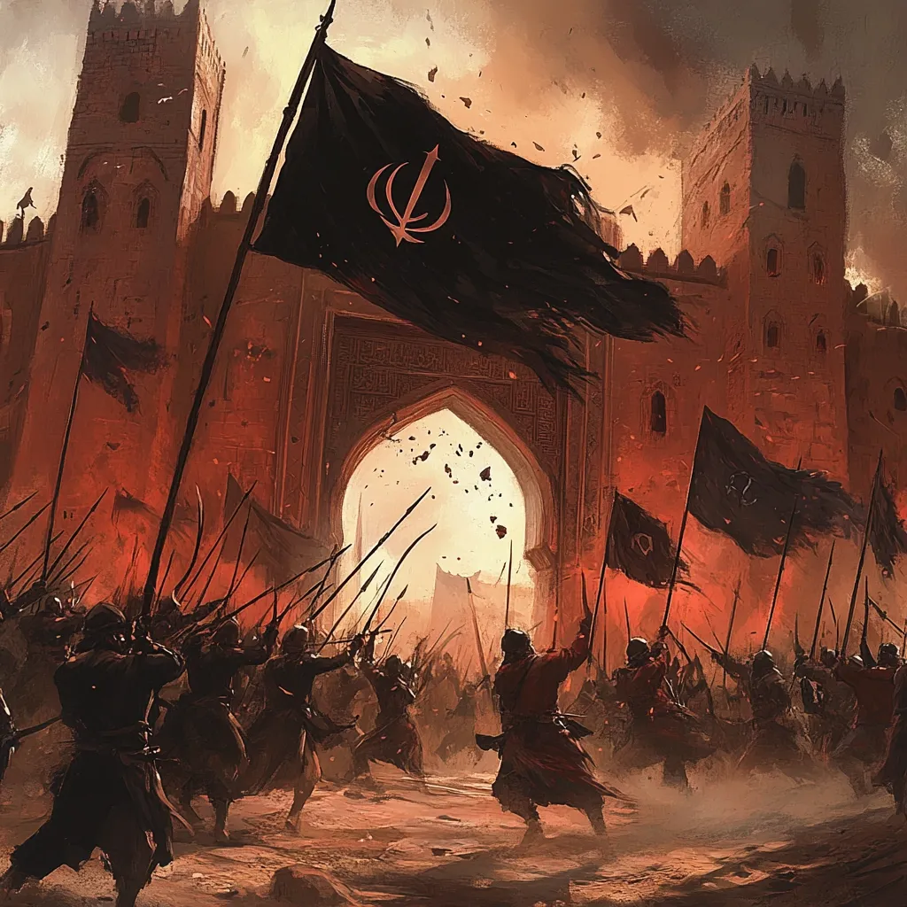 A dramatic depiction of a medieval siege.  A large army, wielding spears and carrying dark banners emblazoned with a stylized symbol, assaults a fortified gate within a grand, reddish-brown city wall.  Debris flies as the soldiers breach the defenses, a central figure in red robes leading the charge.  The scene is filled with dust and the fiery glow of conflict, creating a chaotic and intense atmosphere.