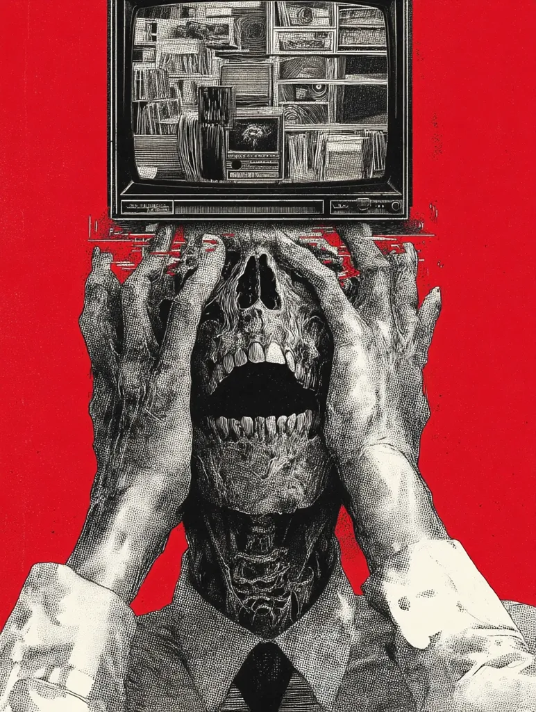 A skull-faced man in a collared shirt screams, his hands covering his face in anguish.  Atop his head sits an old television screen, displaying a chaotic collage of images and objects. The stark black and white figure is set against a vibrant red background, creating a striking contrast and evoking a sense of overwhelming information overload and distress.