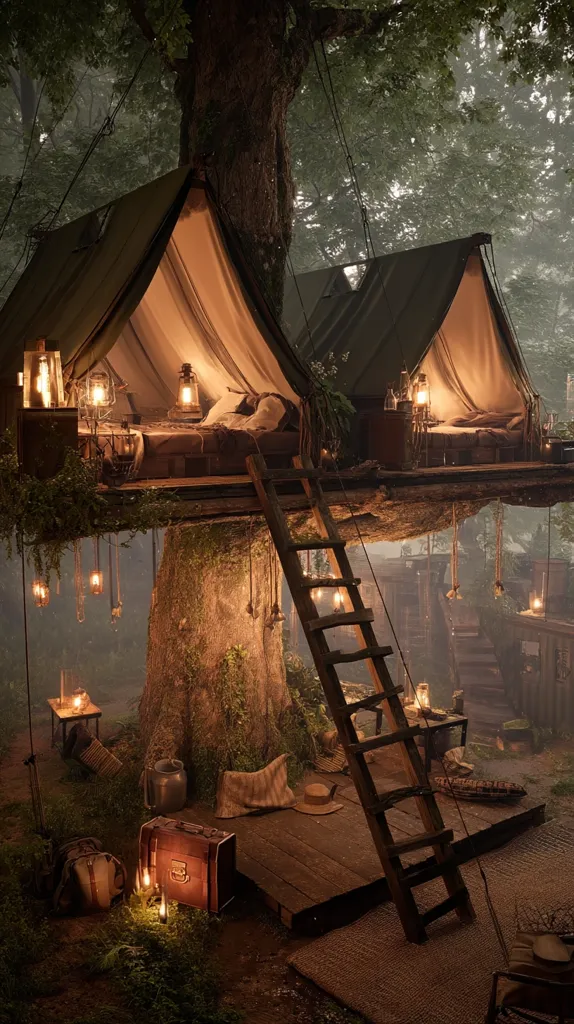 A whimsical treehouse nestled in a misty forest features two cozy canvas tents, each with a bed, illuminated by warm lantern light.  A rustic wooden ladder provides access, and the surrounding area is decorated with lanterns, small tables, and luggage, creating a magical, secluded camping experience. The scene evokes a sense of peace and adventure.