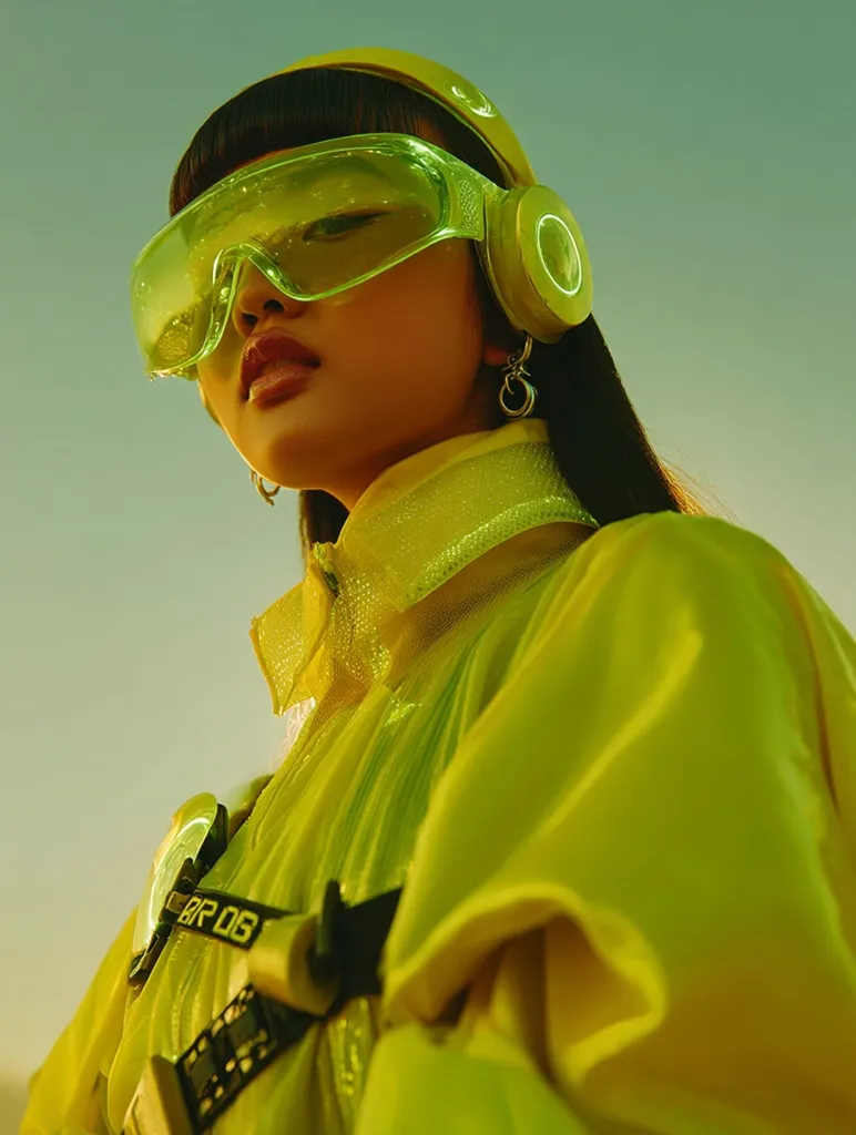 A young woman with dark hair styled with bangs wears vibrant lime green attire.  She's adorned with futuristic, translucent lime green goggles and matching headphones.  The clothing has a pleated, flowing texture. The overall aesthetic is futuristic and fashion-forward, set against a muted, pale sky.