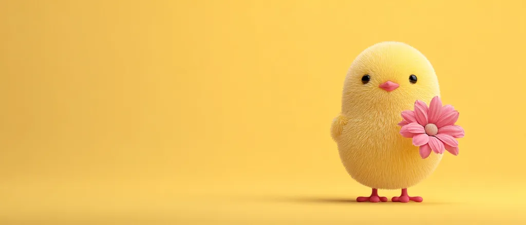 A fluffy yellow chick stands against a pale yellow background.  It holds a single, light pink flower. The chick is cute and cartoonish, with small pink feet. The image evokes feelings of springtime and warmth.  The overall style is simple and cheerful.