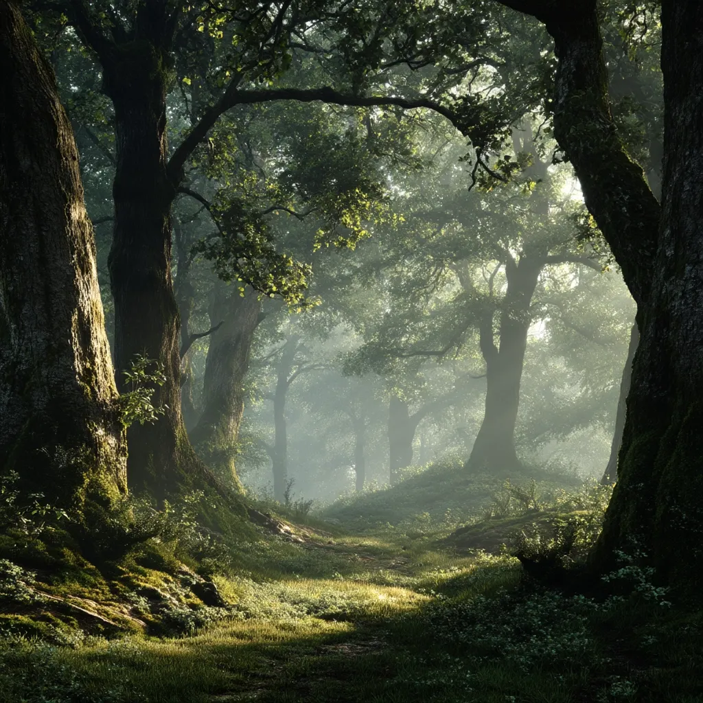 Sunlight streams through a mystical forest, illuminating a moss-covered path winding between ancient, gnarled trees.  A soft mist hangs in the air, creating an ethereal atmosphere.  The scene is peaceful and serene, suggesting a hidden, magical place.  Thick tree trunks and lush undergrowth frame the path, inviting exploration.