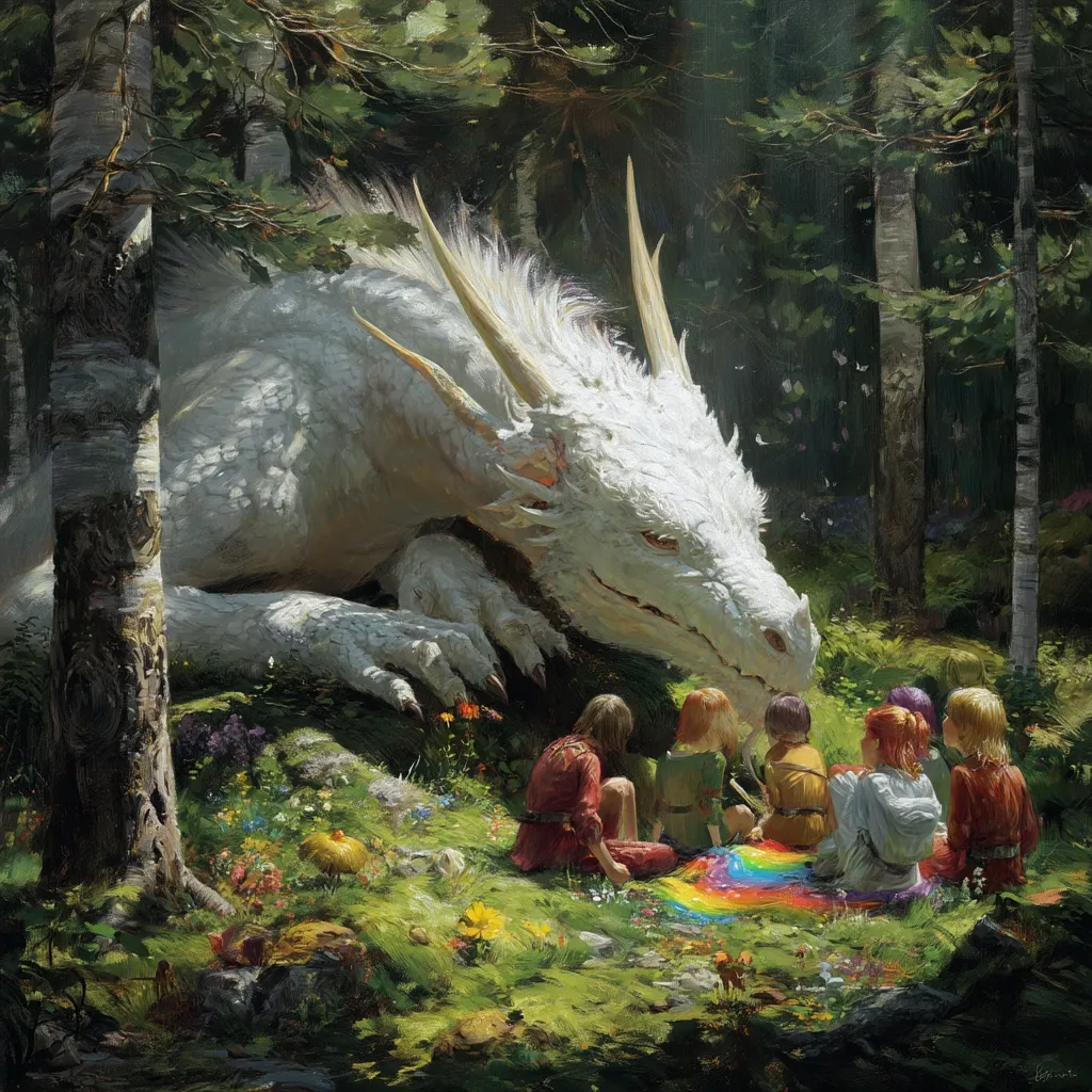 A majestic white dragon rests peacefully in a sun-dappled forest clearing.  A group of children, seated on a vibrant rainbow blanket, gaze up at the gentle giant. Wildflowers bloom around them, creating a scene of serene magic and whimsical wonder. The dragon's presence evokes a sense of calm and protective guardianship, suggesting a harmonious relationship between humans and mythical creatures.  Sunlight filters through the trees, illuminating the enchanting scene.