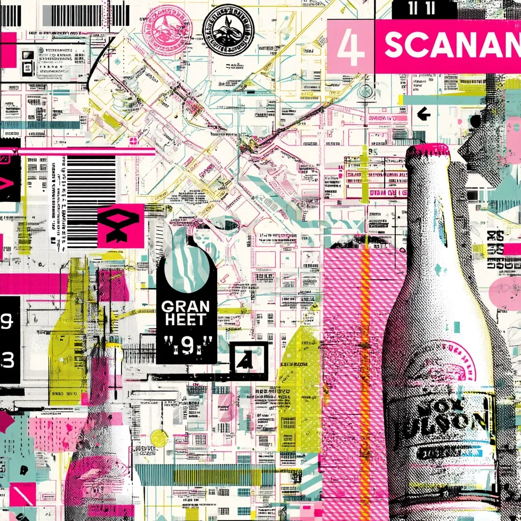 A vibrant collage features a map-like background overlaid with bold graphics, barcode-style elements, and a prominent beer bottle.  The design incorporates contrasting colors, including pink, teal, and yellow, creating a dynamic and layered visual effect. Text snippets, including "GRAN HEET '9'," and "SCANAN," are scattered throughout, adding to the overall chaotic yet stylish aesthetic.