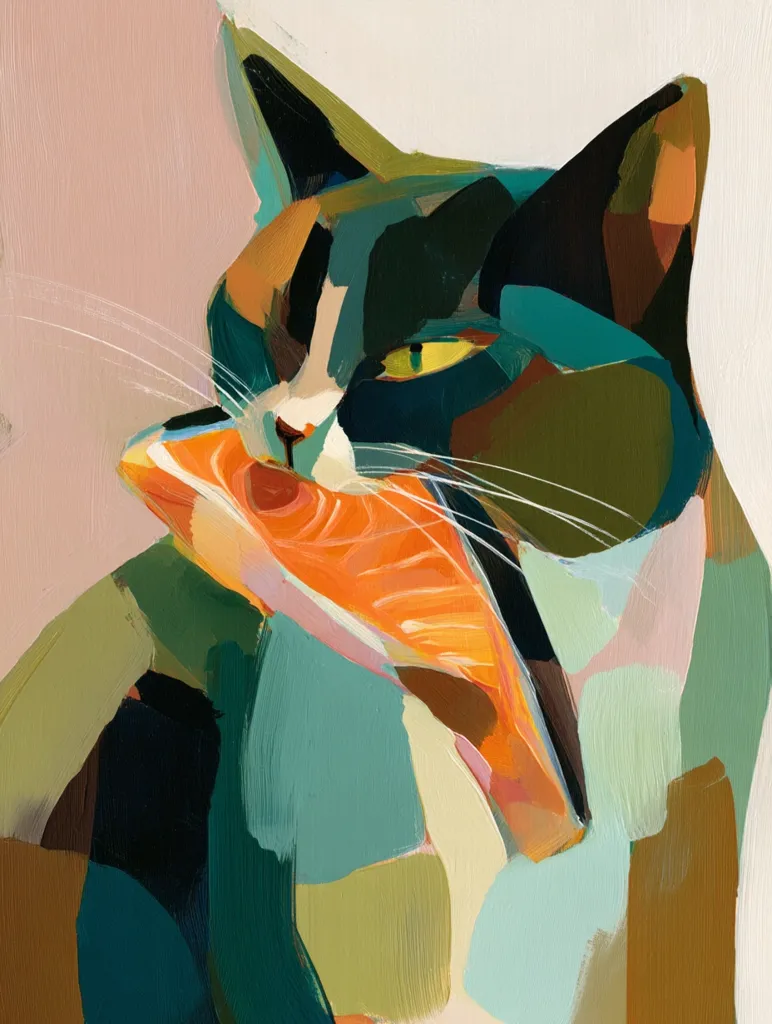 A stylized painting of a calico cat, rendered in bold, abstract brushstrokes of teal, olive, and orange. The cat's expression is one of contentedness as it holds a piece of salmon in its mouth.  The colors are vibrant and the overall style is modern and playful, highlighting the cat's enjoyment of its fishy treat.