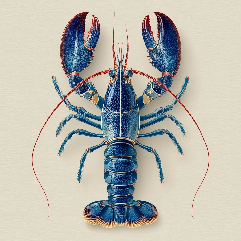 A detailed illustration showcases a vibrant blue lobster, viewed from above.  Its claws are extended, and its body is segmented, exhibiting a rich, textured appearance.  The lobster's antennae curve elegantly, and hints of red accentuate its claws and body.  The background is a muted cream, providing a stark contrast to the lobster's striking color. The style suggests a vintage or scientific illustration.