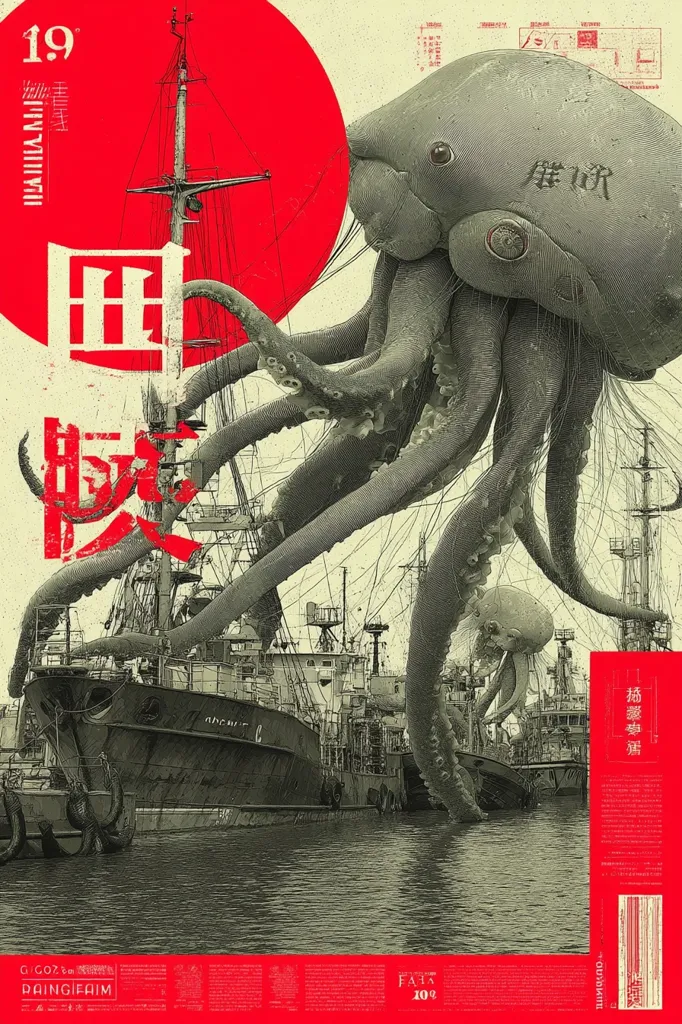 A stylized poster depicts a colossal, mechanical octopus attacking a fleet of ships in a harbor.  The octopus is rendered in grayscale, contrasting with the vibrant red sun and bold Chinese characters on the poster.  The scene suggests a blend of steampunk and kaiju aesthetics, creating a dramatic and ominous atmosphere. The design incorporates elements of vintage poster art and Japanese graphic design.