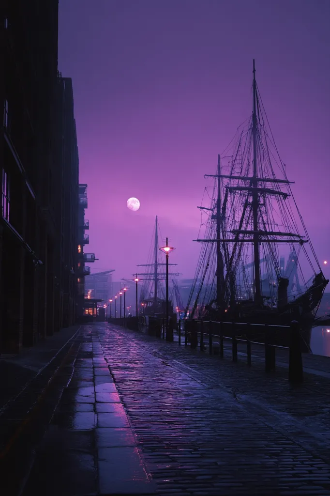 A purple twilight scene unfolds along a cobblestone waterfront.  Tall ships are moored, their silhouettes stark against the vibrant sky.  Streetlights cast a warm glow on the wet pavement, reflecting the moon's soft light.  Dark buildings line the walkway, creating a mysterious and atmospheric ambiance.  The overall mood is serene and captivating.