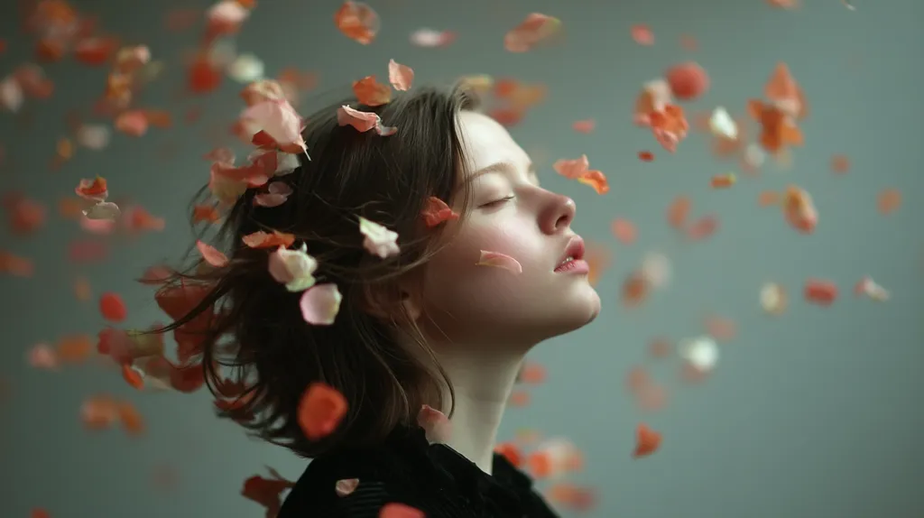 A young woman with her eyes closed is surrounded by falling rose petals.  Her dark hair is gently tossed, and the petals cling to her face and hair. She appears serene and peaceful, bathed in a soft, ethereal light against a muted background. The overall mood is dreamy and romantic.
